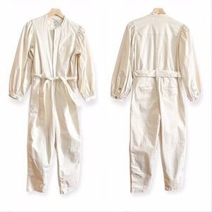 NWT J. Crew Puff Sleeve Chino Jumpsuit Ivory Zip Up Long Pants Coverall 16 Beige
